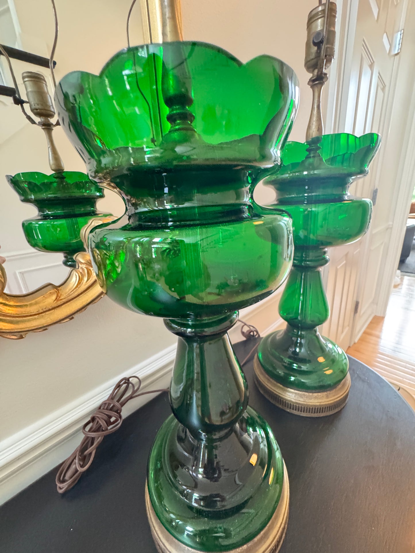 Pair of Vintage Emertald Green Glass Table Lamps with Brass Hardware – 1960s Hollywood Regency Style, 32" Tall