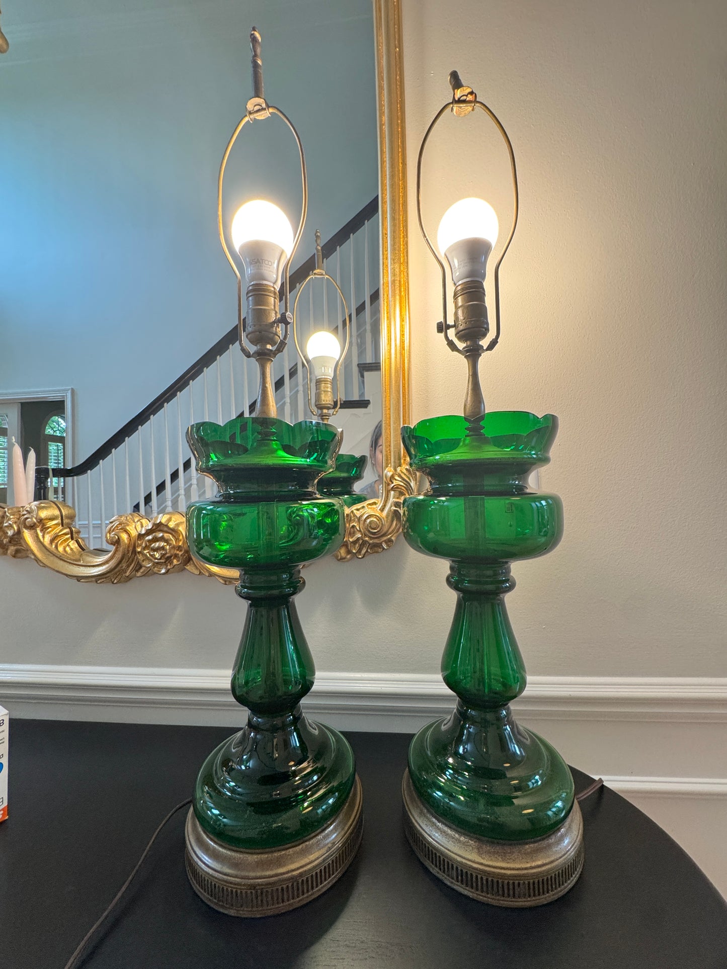 Pair of Vintage Emertald Green Glass Table Lamps with Brass Hardware – 1960s Hollywood Regency Style, 32" Tall