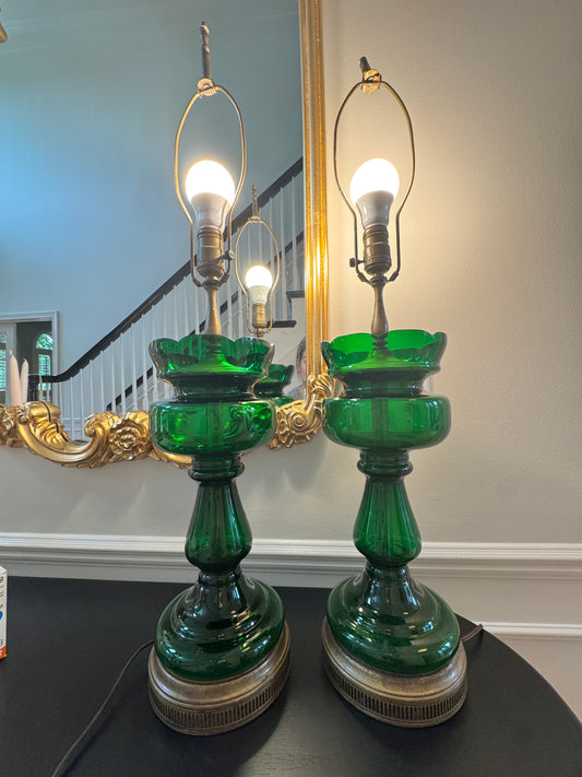 Pair of Vintage Emertald Green Glass Table Lamps with Brass Hardware – 1960s Hollywood Regency Style, 32" Tall