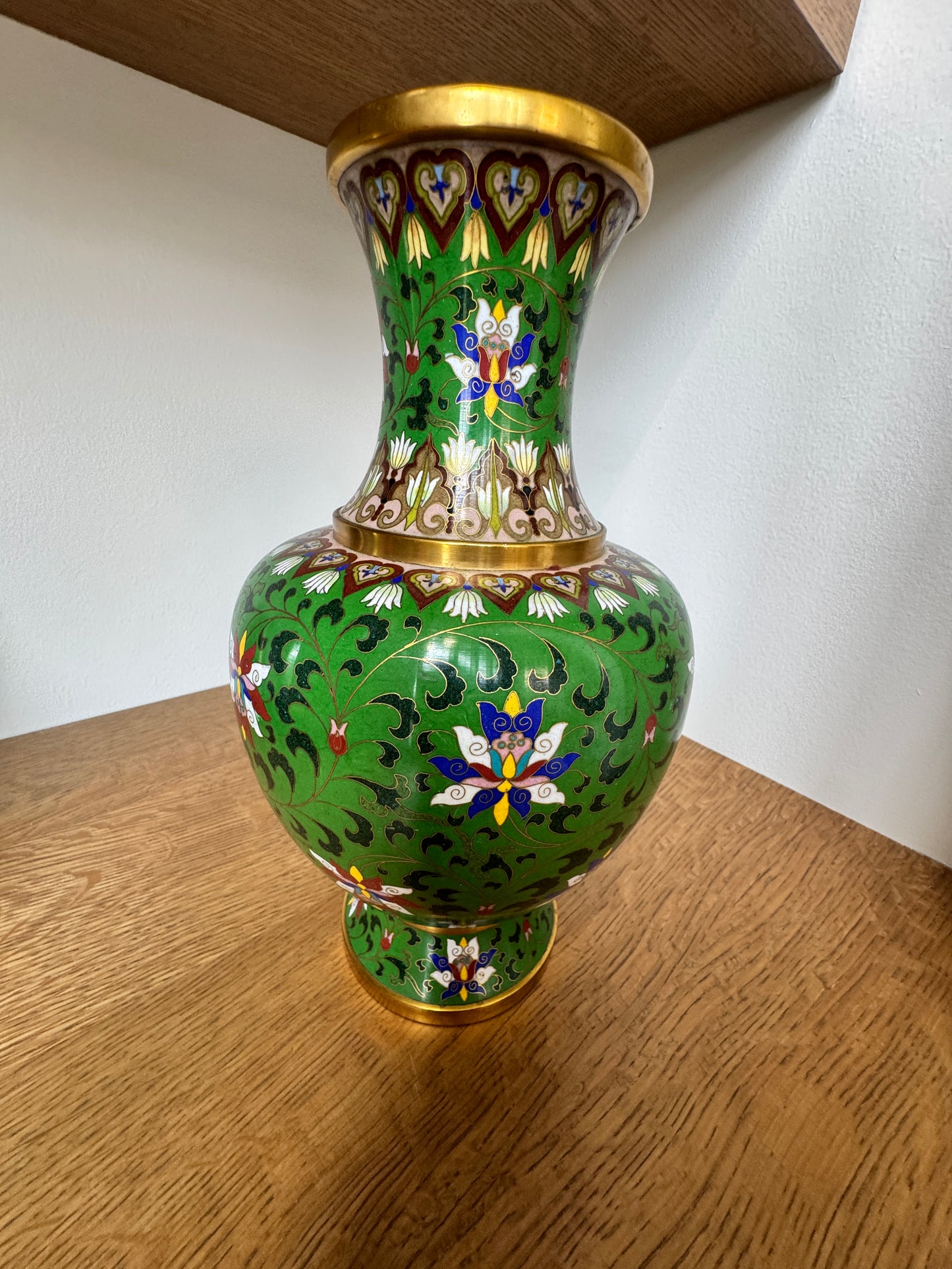 Vintage Cloisonné Vase – Hand-Enameled Green with Lotus and Floral Motifs – 12.25” Tall