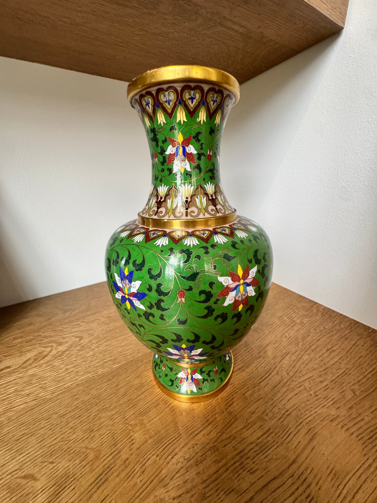 Vintage Cloisonné Vase – Hand-Enameled Green with Lotus and Floral Motifs – 12.25” Tall