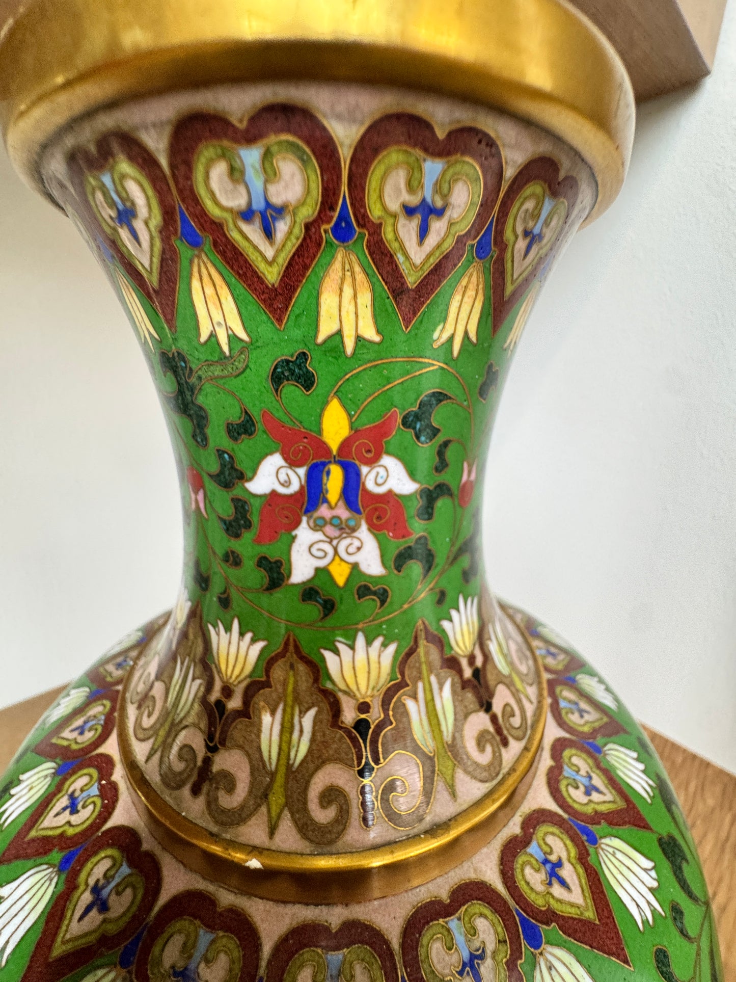Vintage Cloisonné Vase – Hand-Enameled Green with Lotus and Floral Motifs – 12.25” Tall
