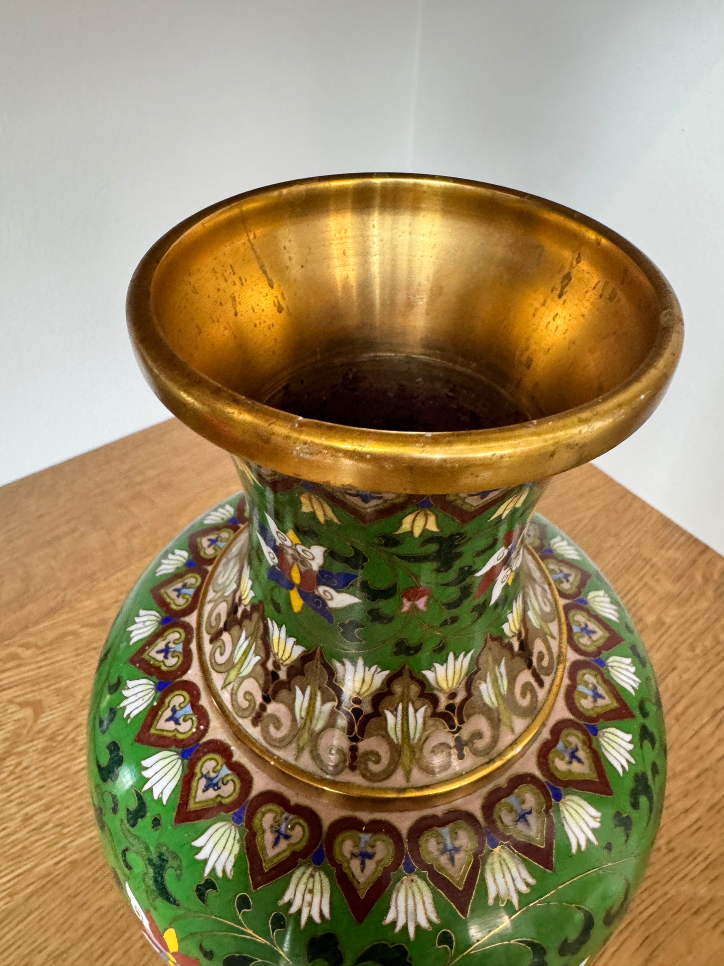 Vintage Cloisonné Vase – Hand-Enameled Green with Lotus and Floral Motifs – 12.25” Tall