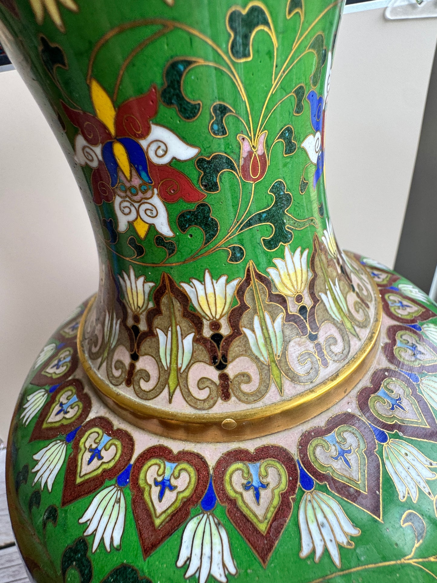 Vintage Cloisonné Vase – Hand-Enameled Green with Lotus and Floral Motifs – 12.25” Tall