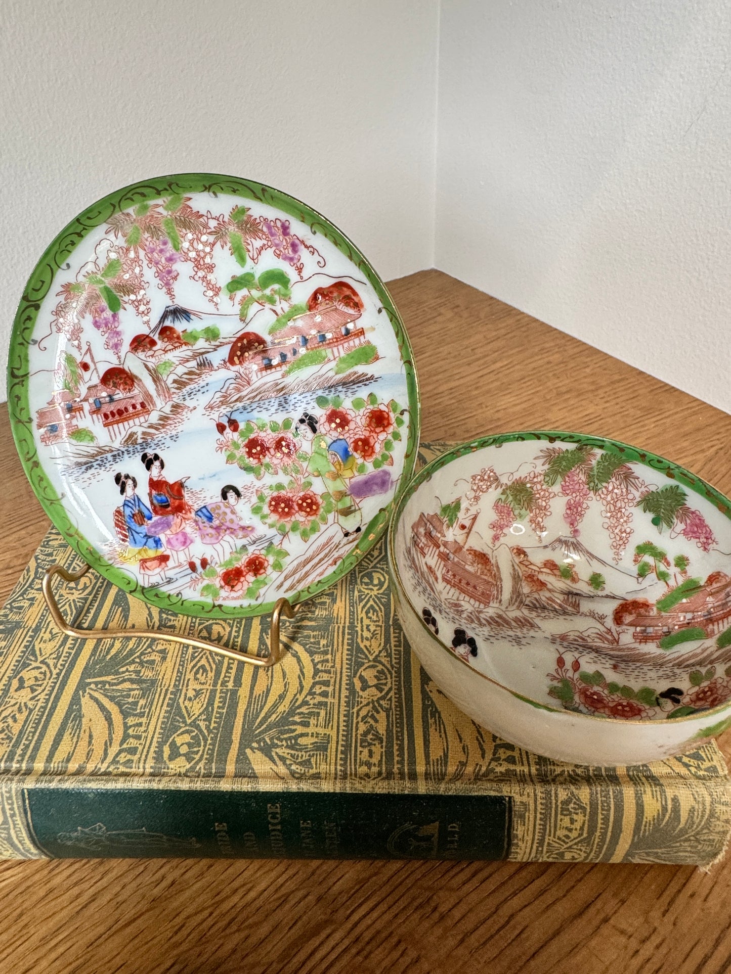 Vintage Japanese Scenic Teacups & Saucers – Pair with Gold Trim and Landscape Motifs