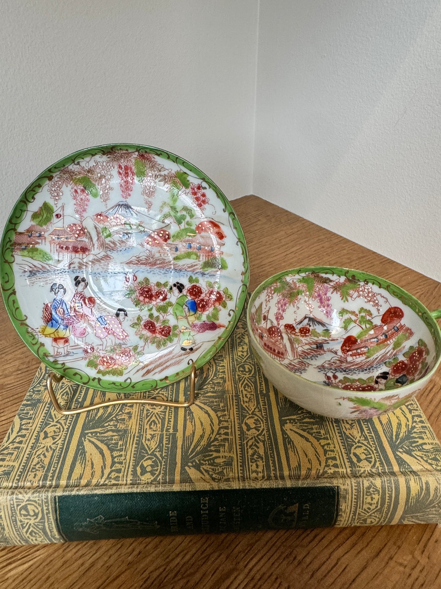 Vintage Japanese Scenic Teacups & Saucers – Pair with Gold Trim and Landscape Motifs