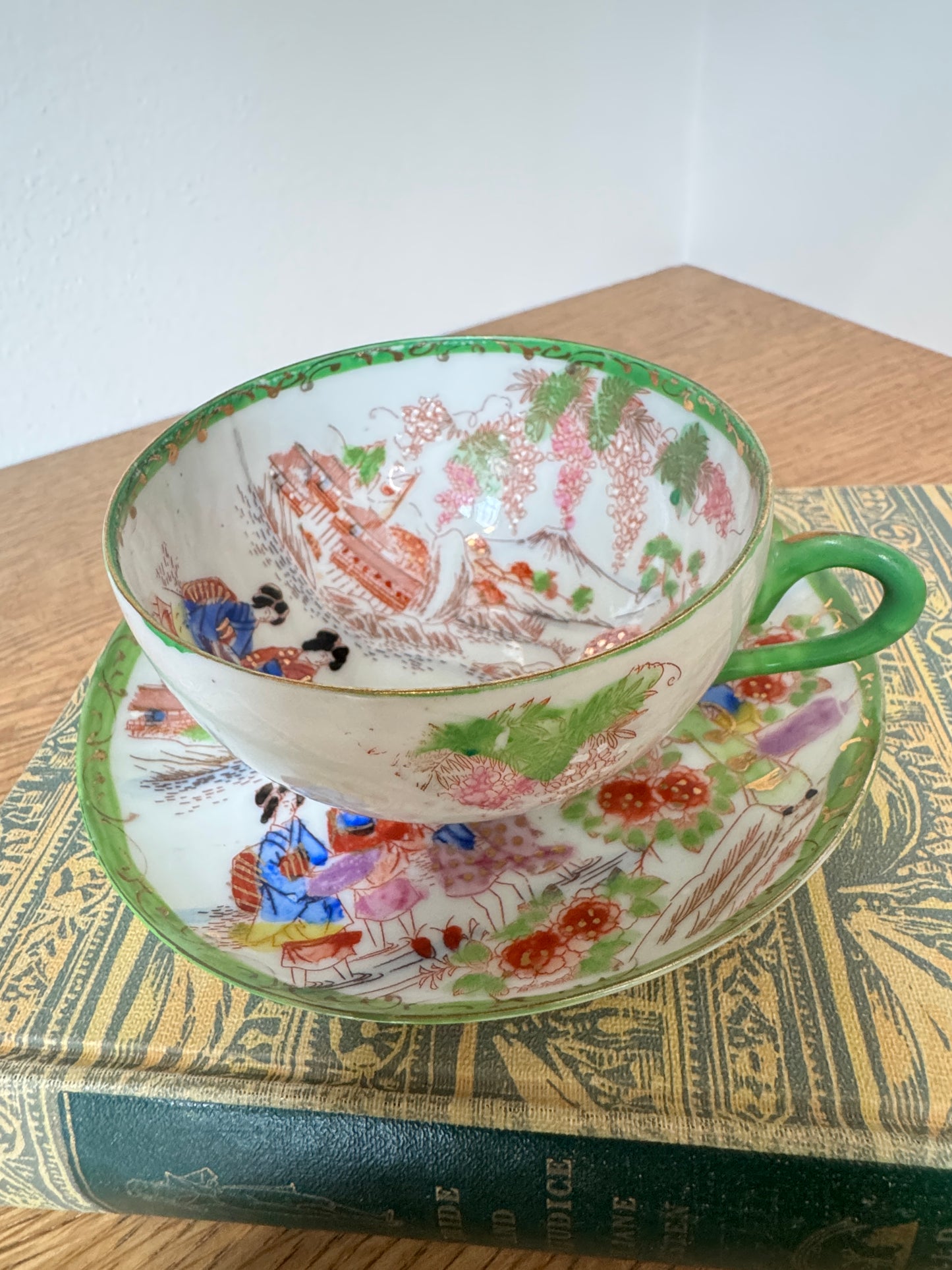 Vintage Japanese Scenic Teacups & Saucers – Pair with Gold Trim and Landscape Motifs