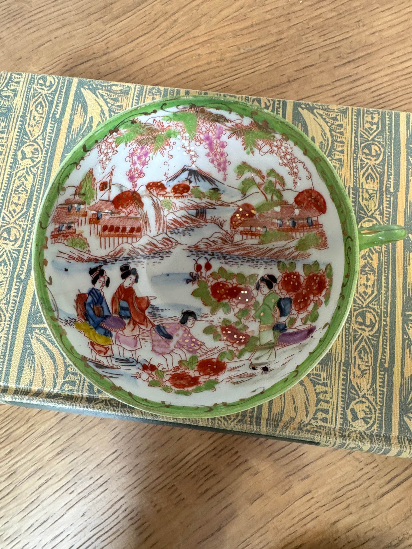 Vintage Japanese Scenic Teacups & Saucers – Pair with Gold Trim and Landscape Motifs