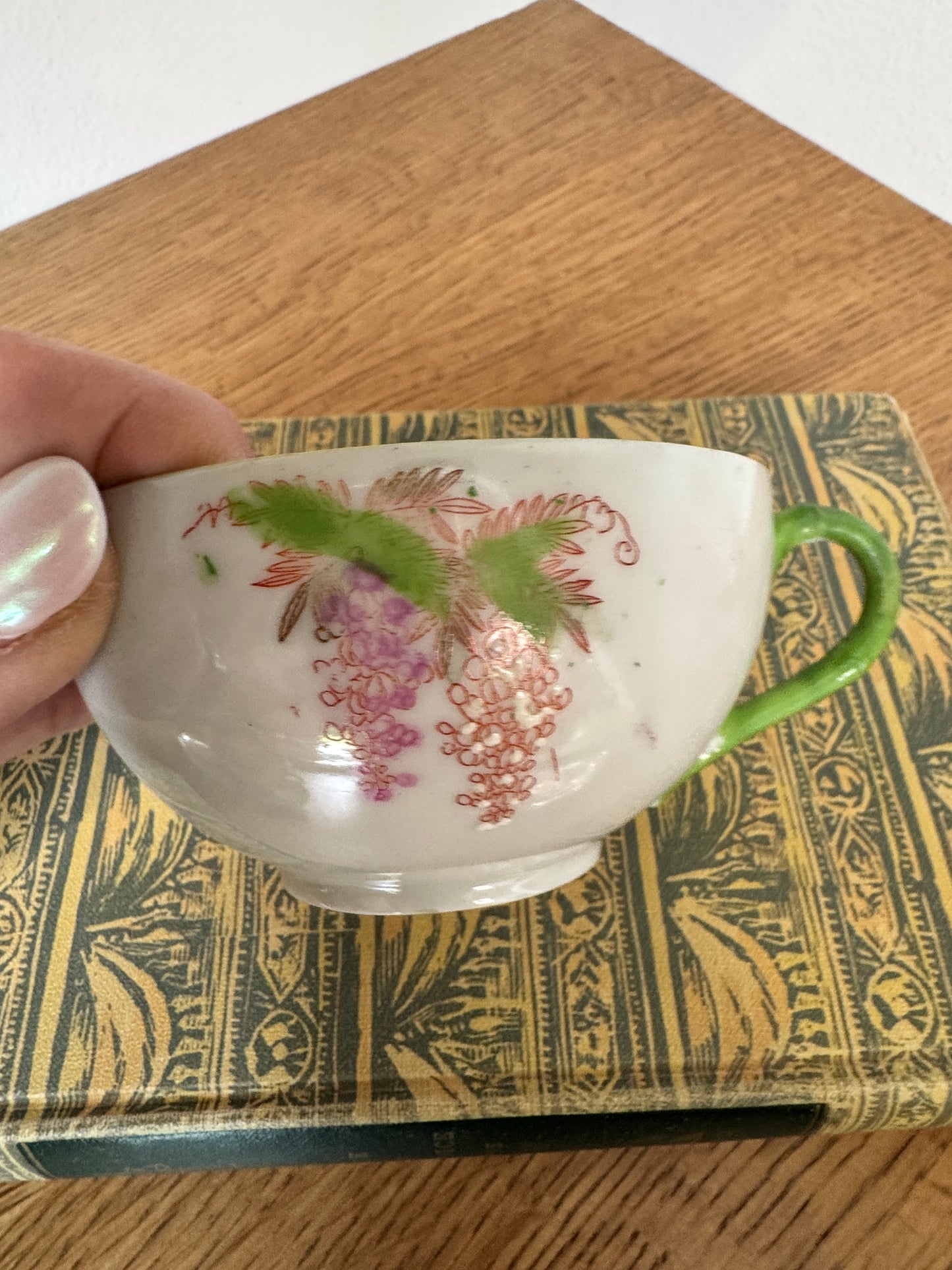 Vintage Japanese Scenic Teacups & Saucers – Pair with Gold Trim and Landscape Motifs