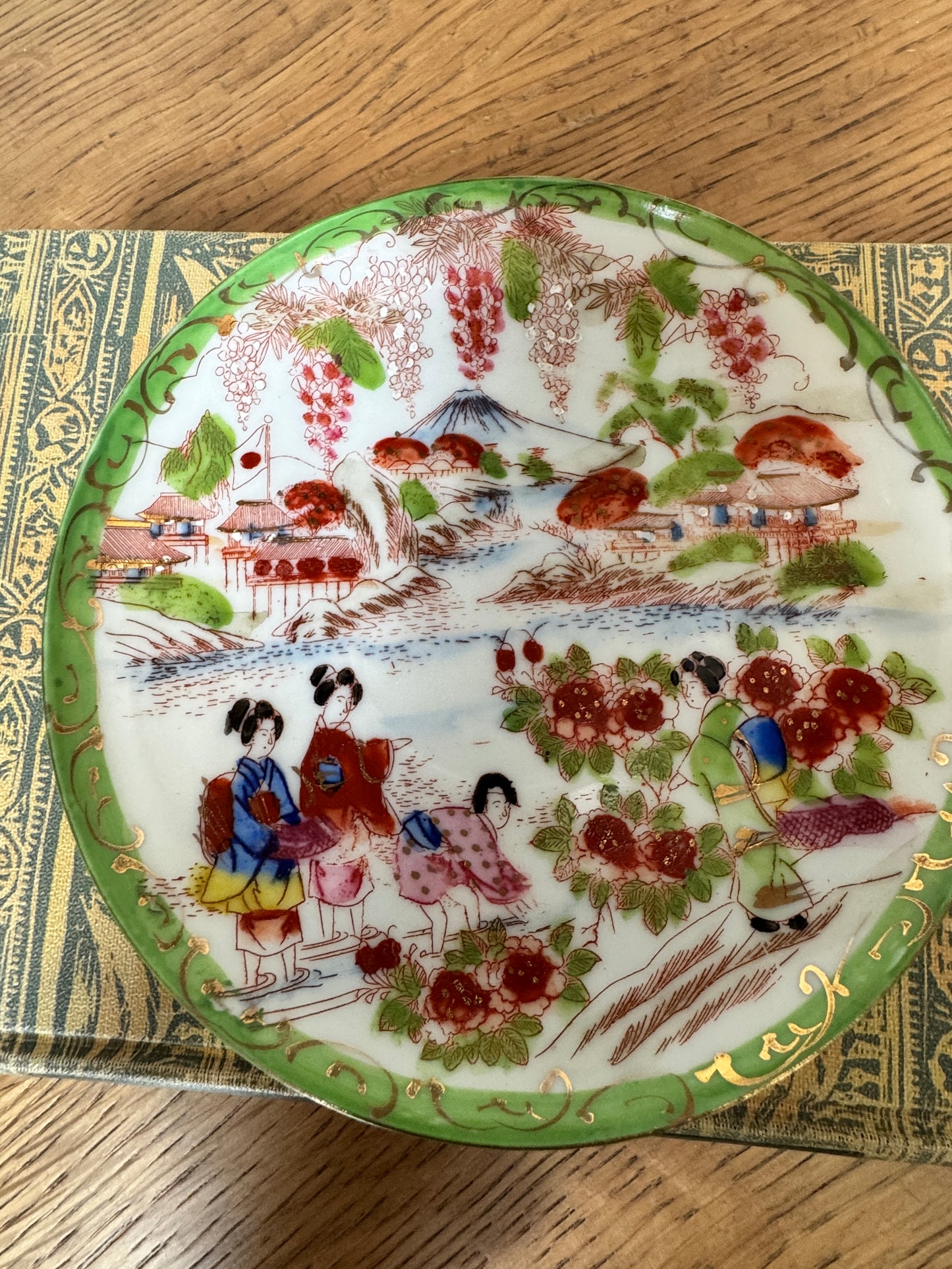 Vintage Japanese Scenic Teacups & Saucers – Pair with Gold Trim and Landscape Motifs