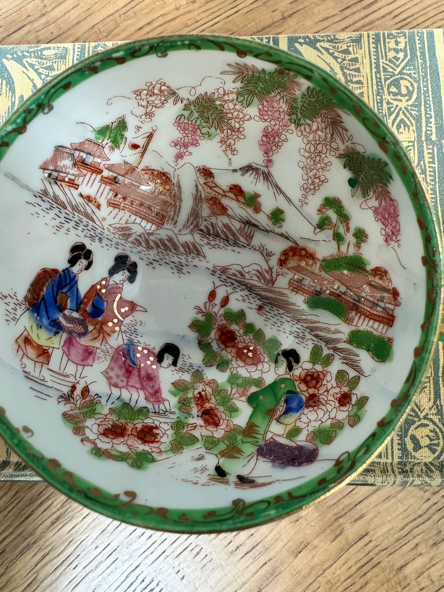 Vintage Japanese Scenic Teacups & Saucers – Pair with Gold Trim and Landscape Motifs