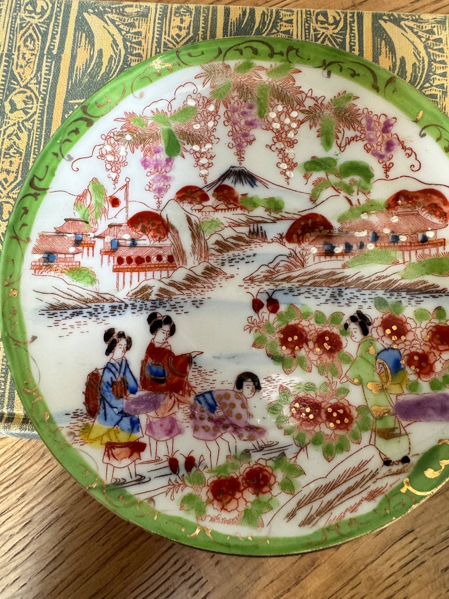 Vintage Japanese Scenic Teacups & Saucers – Pair with Gold Trim and Landscape Motifs