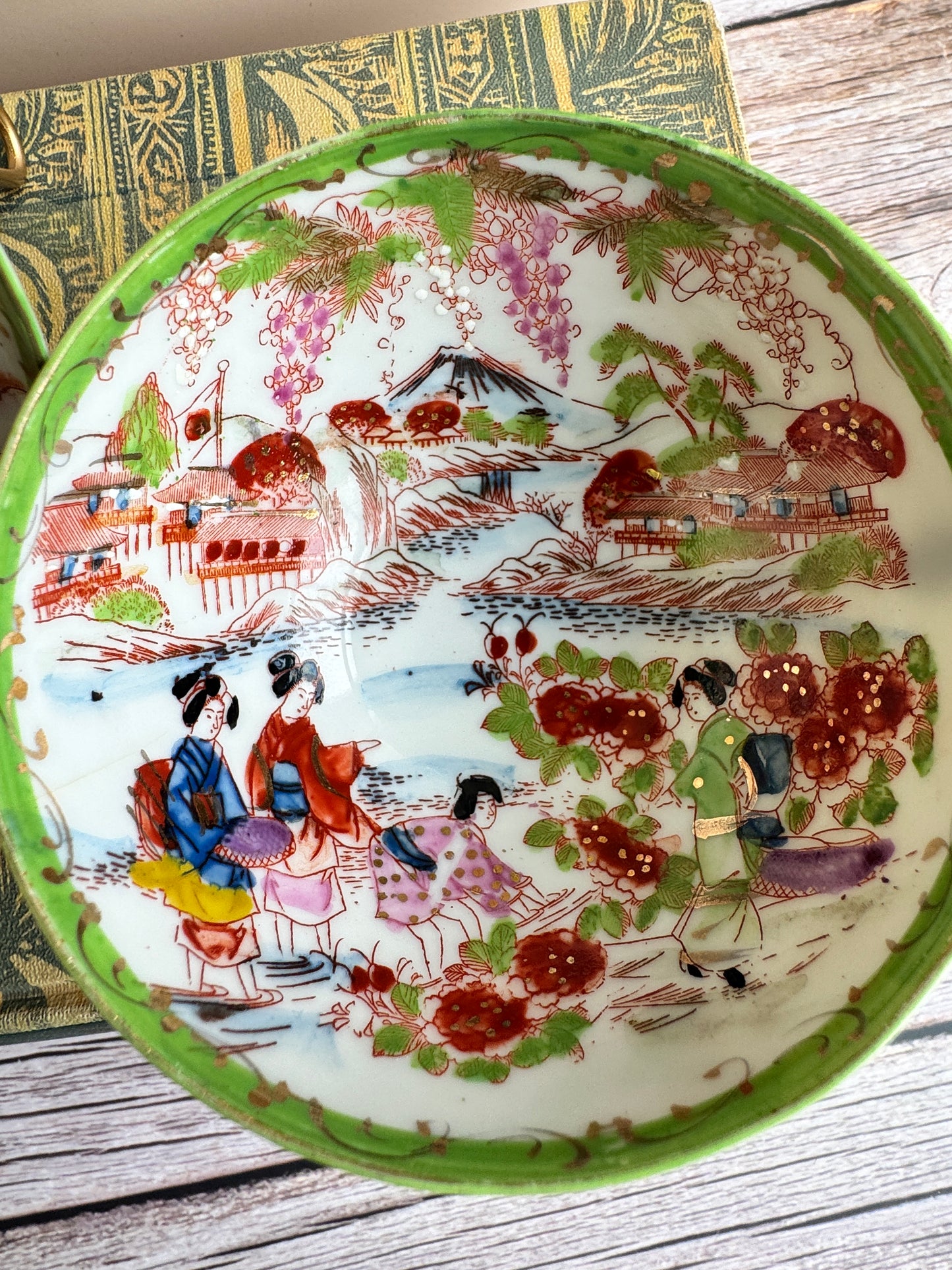 Vintage Japanese Scenic Teacups & Saucers – Pair with Gold Trim and Landscape Motifs
