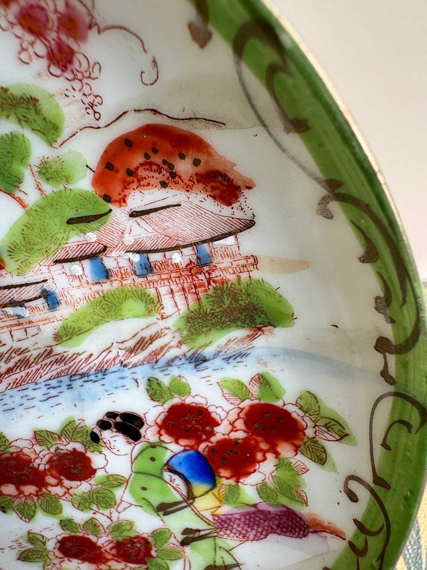 Vintage Japanese Scenic Teacups & Saucers – Pair with Gold Trim and Landscape Motifs