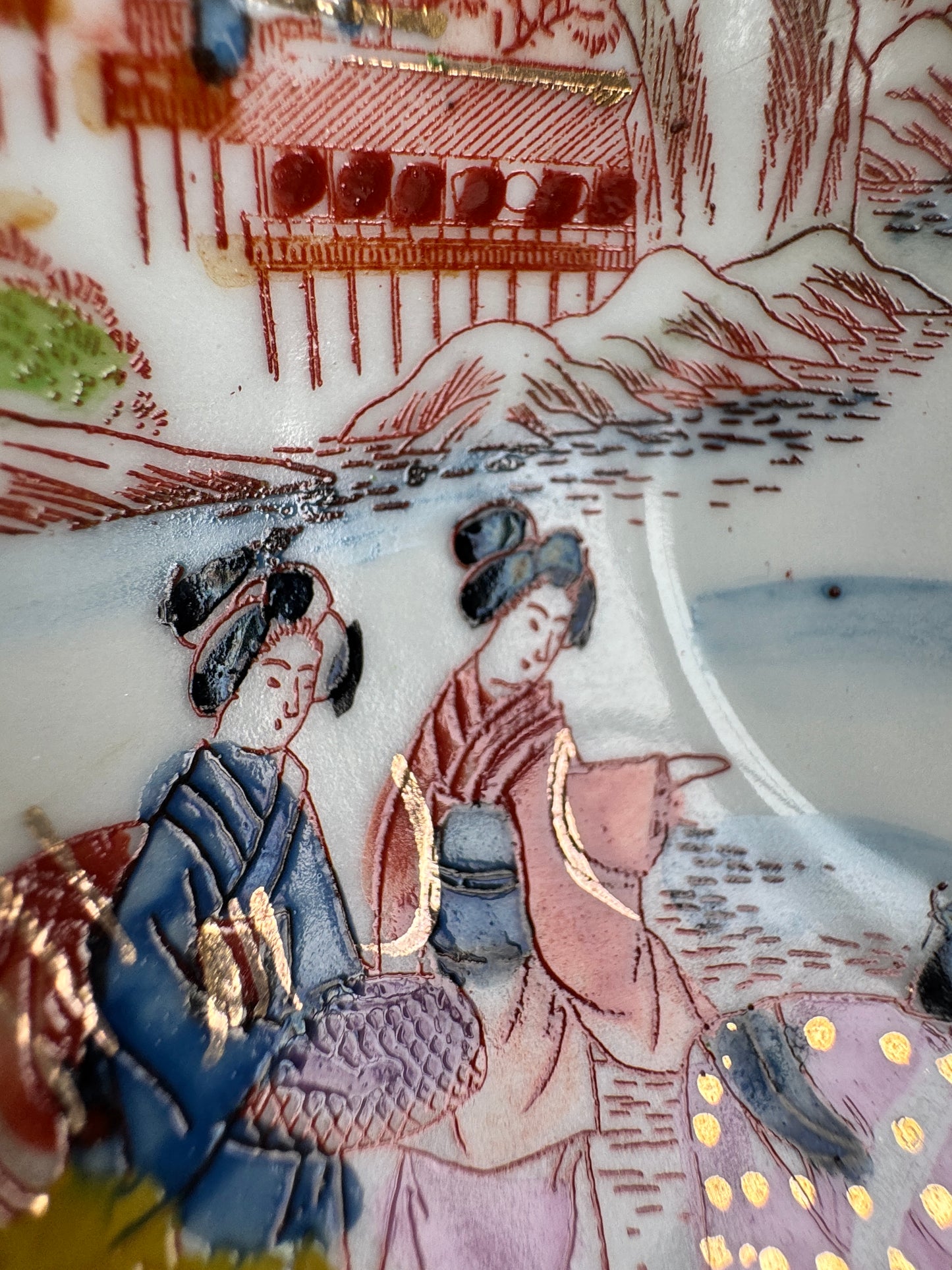 Vintage Japanese Scenic Teacups & Saucers – Pair with Gold Trim and Landscape Motifs