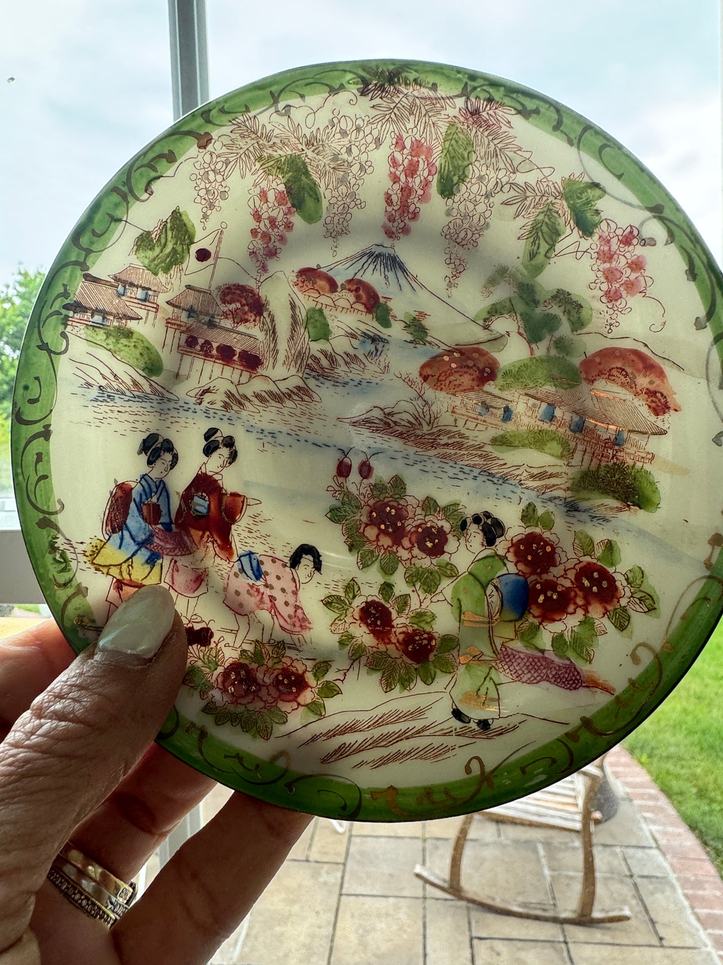 Vintage Japanese Scenic Teacups & Saucers – Pair with Gold Trim and Landscape Motifs