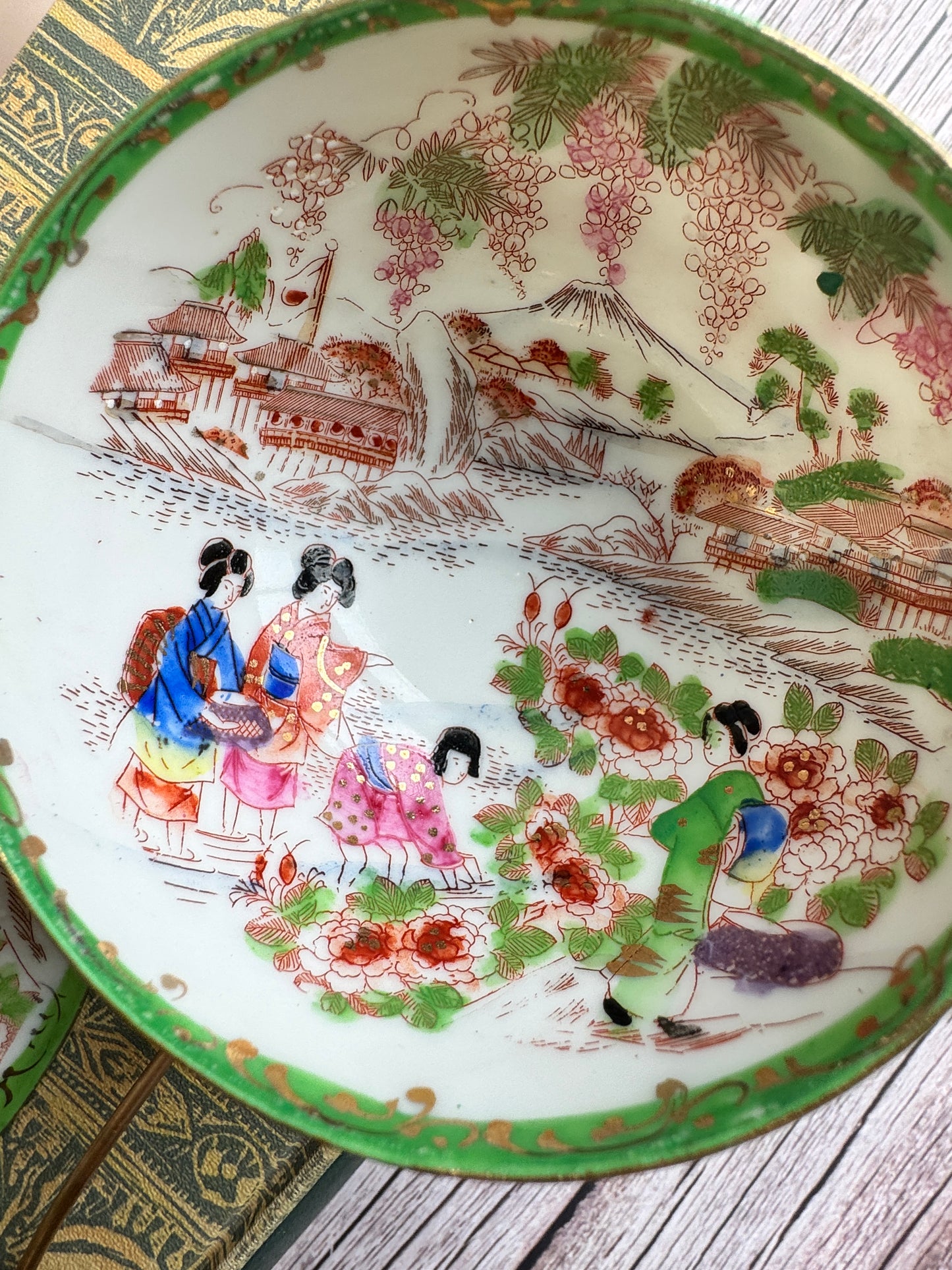 Vintage Japanese Scenic Teacups & Saucers – Pair with Gold Trim and Landscape Motifs