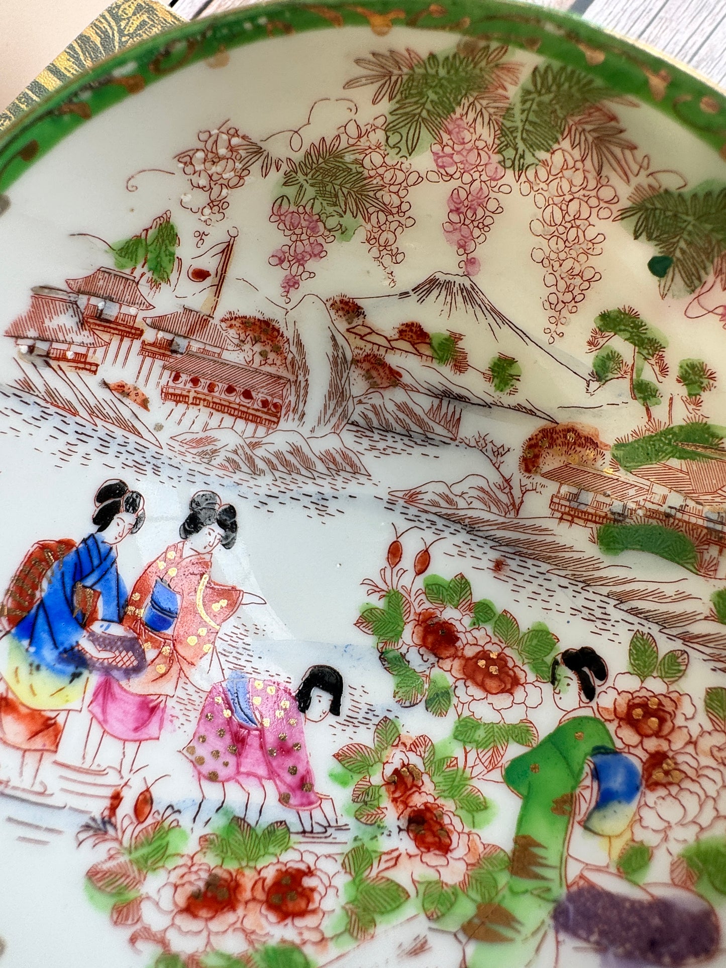 Vintage Japanese Scenic Teacups & Saucers – Pair with Gold Trim and Landscape Motifs