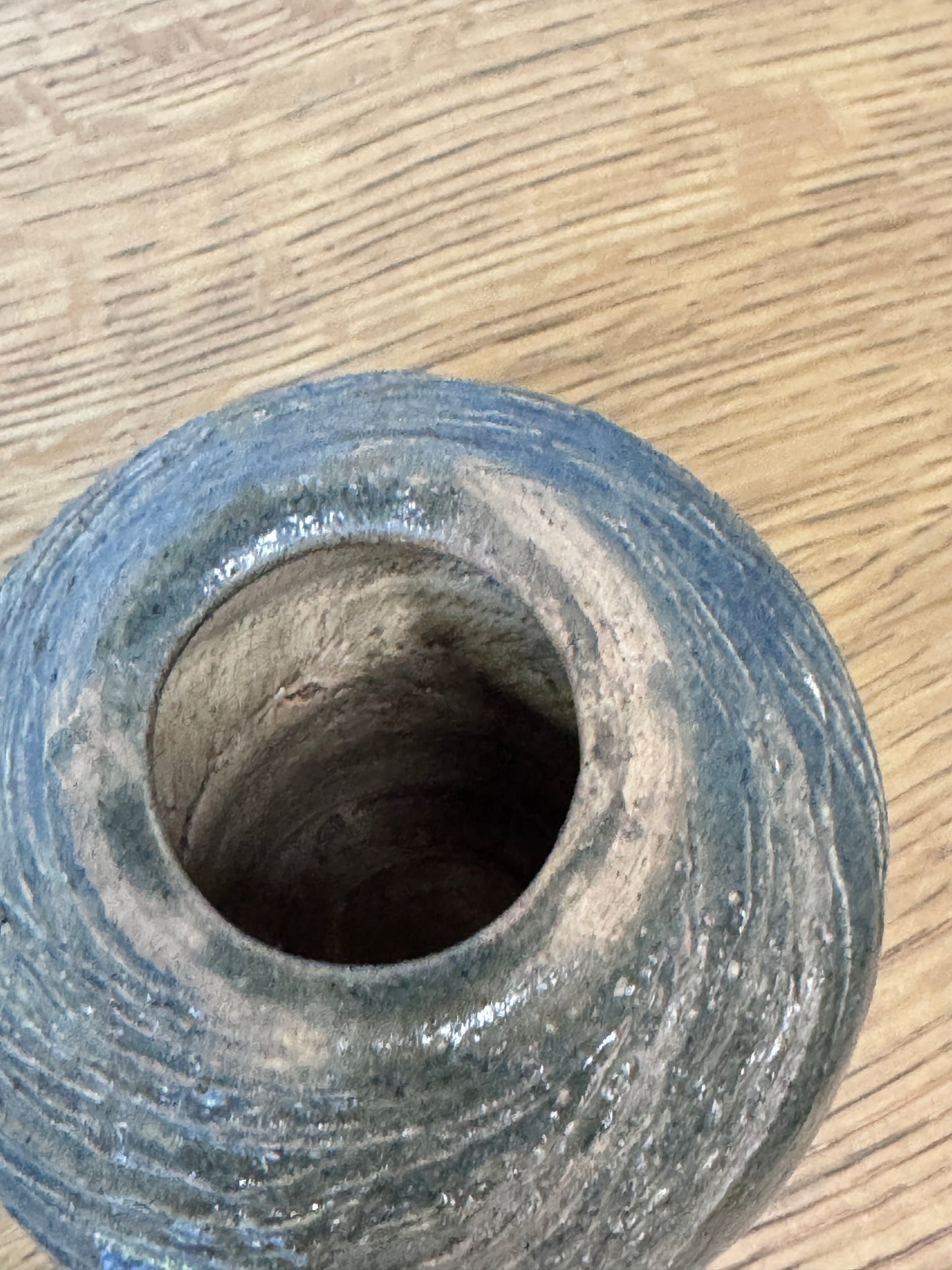 Signed Stoneware Studio Pottery Bud Vase – Textured Green Glaze (Needham)