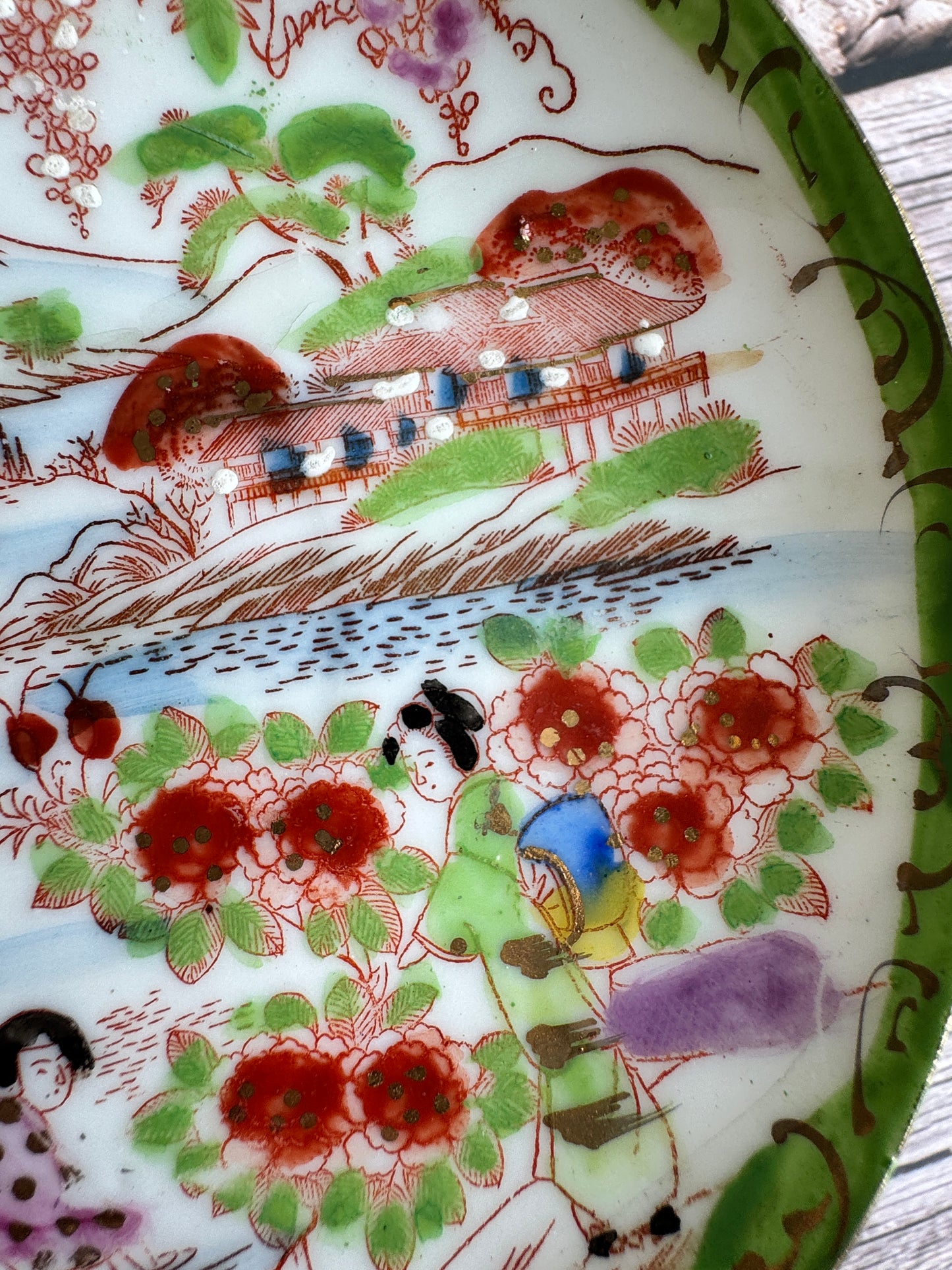 Vintage Japanese Scenic Teacups & Saucers – Pair with Gold Trim and Landscape Motifs