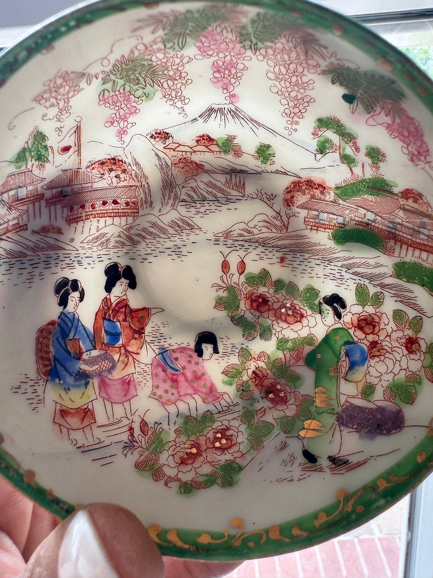 Vintage Japanese Scenic Teacups & Saucers – Pair with Gold Trim and Landscape Motifs