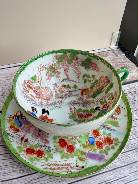 Vintage Japanese Scenic Teacups & Saucers – Pair with Gold Trim and Landscape Motifs