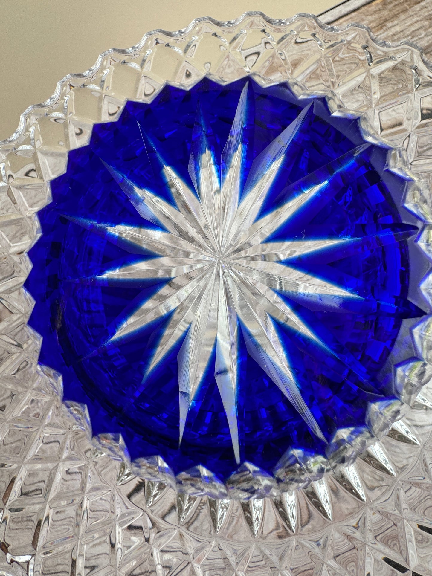 Cut-to-Clear Cobalt Blue Crystal Bowl – Starburst Base, Deep Overlay