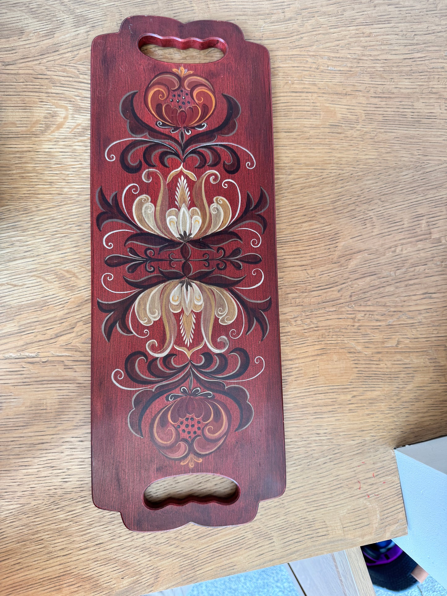 Hand-Painted Wooden Serving Tray – Red & Cream Scandinavian Folk Art | Vintage Style 19”
