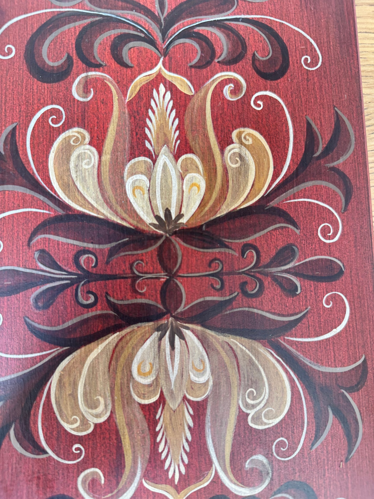 Hand-Painted Wooden Serving Tray – Red & Cream Scandinavian Folk Art | Vintage Style 19”