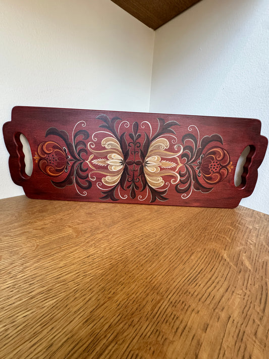 Hand-Painted Wooden Serving Tray – Red & Cream Scandinavian Folk Art | Vintage Style 19”