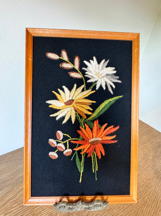 Vintage Floral Embroidery in Wooden Frame – Mid-Century Handmade Needlework Wall Art (11.5” x 7.5”)