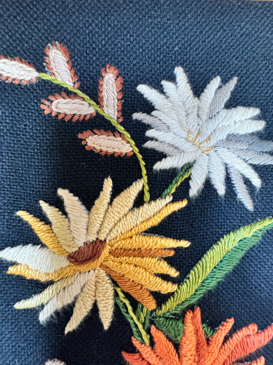 Vintage Floral Embroidery in Wooden Frame – Mid-Century Handmade Needlework Wall Art (11.5” x 7.5”)