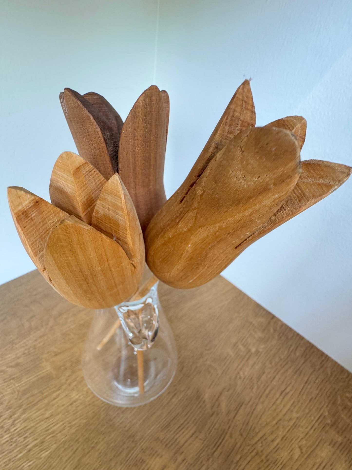 Set of 3 Swiss Wooden Tulip Stems – Hand-Carved Folk Art Flowers, 11”