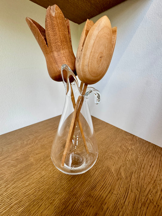 Set of 3 Swiss Wooden Tulip Stems – Hand-Carved Folk Art Flowers, 11”