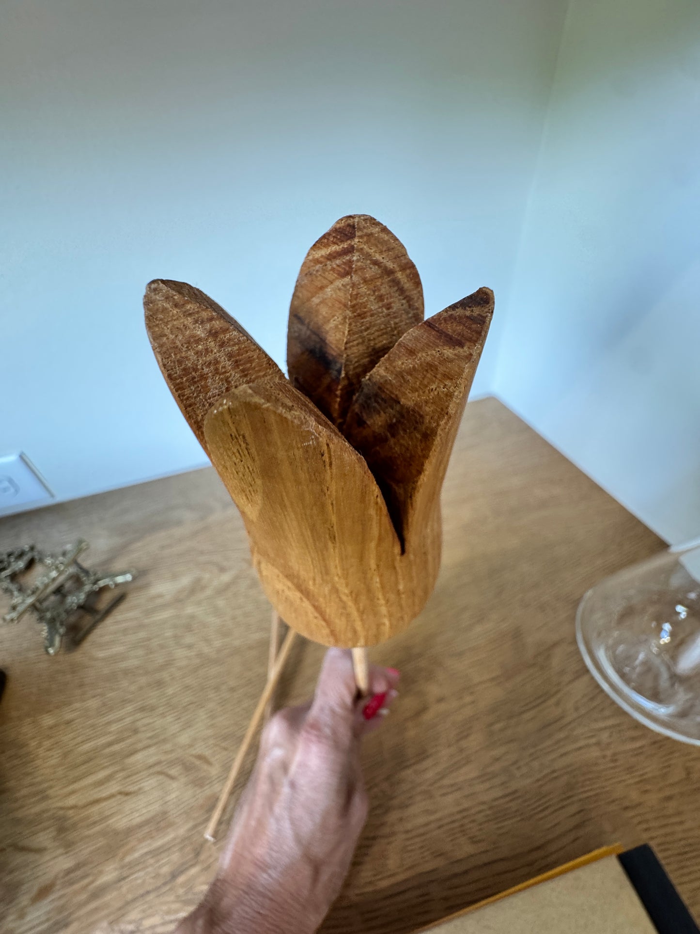 Set of 3 Swiss Wooden Tulip Stems – Hand-Carved Folk Art Flowers, 11”
