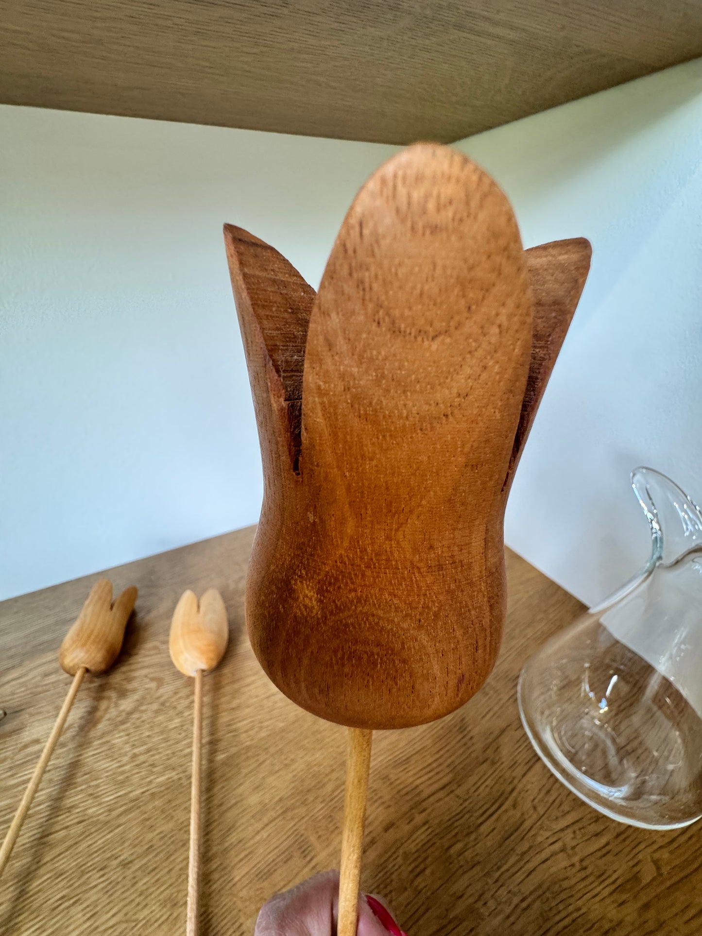 Set of 3 Swiss Wooden Tulip Stems – Hand-Carved Folk Art Flowers, 11”