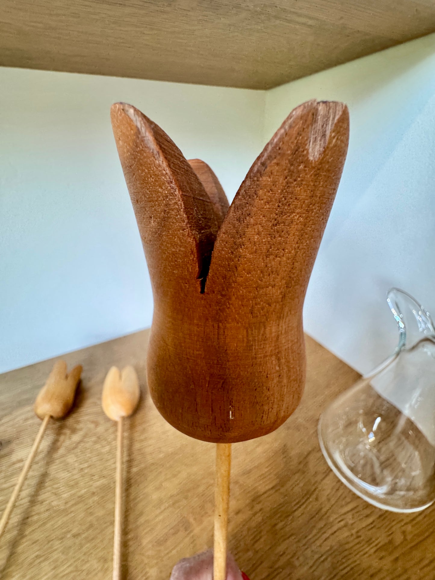Set of 3 Swiss Wooden Tulip Stems – Hand-Carved Folk Art Flowers, 11”