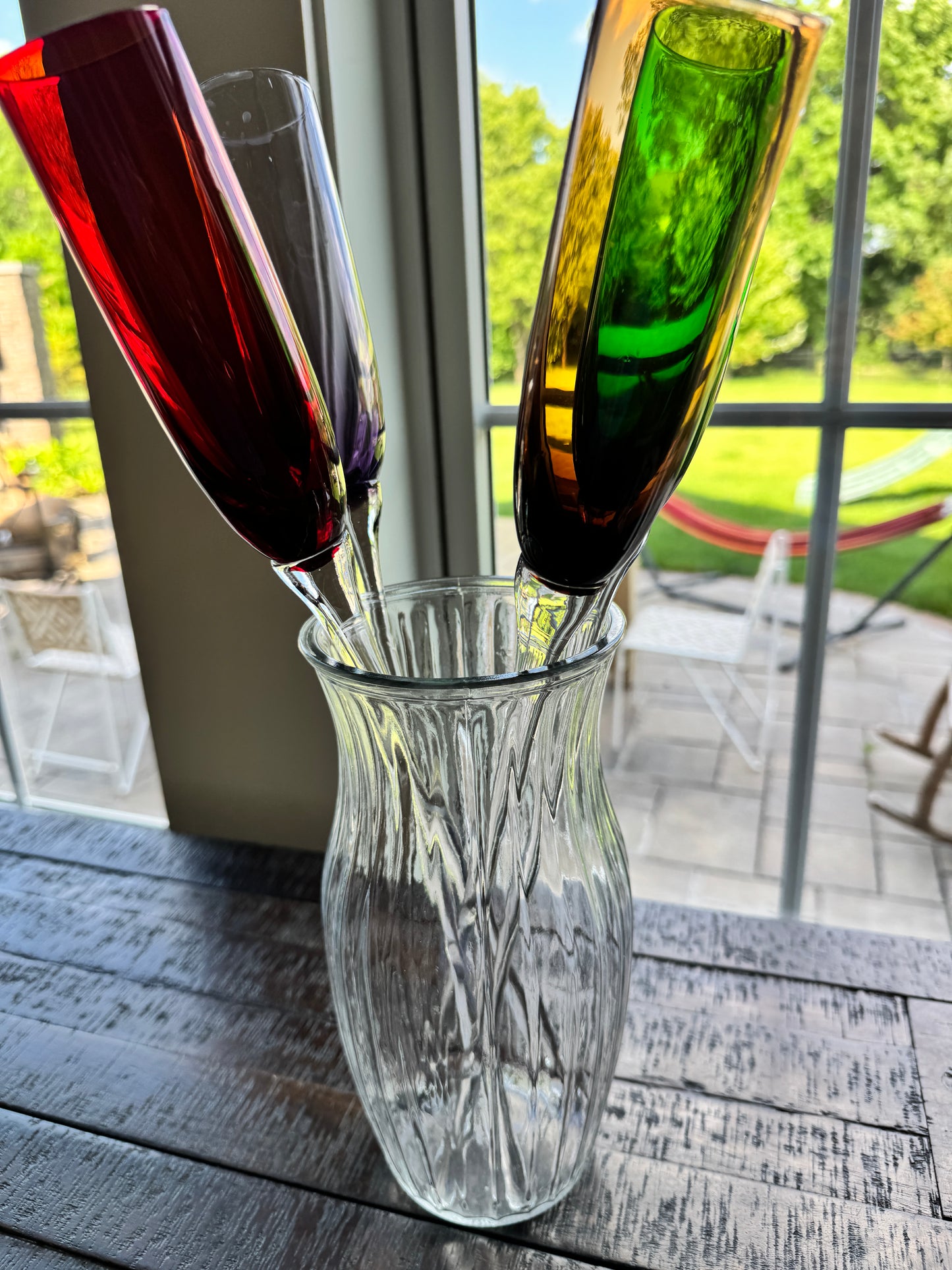 Curated Handblown Rainbow Champagne Flute Set (Set of 4 + Display Vase