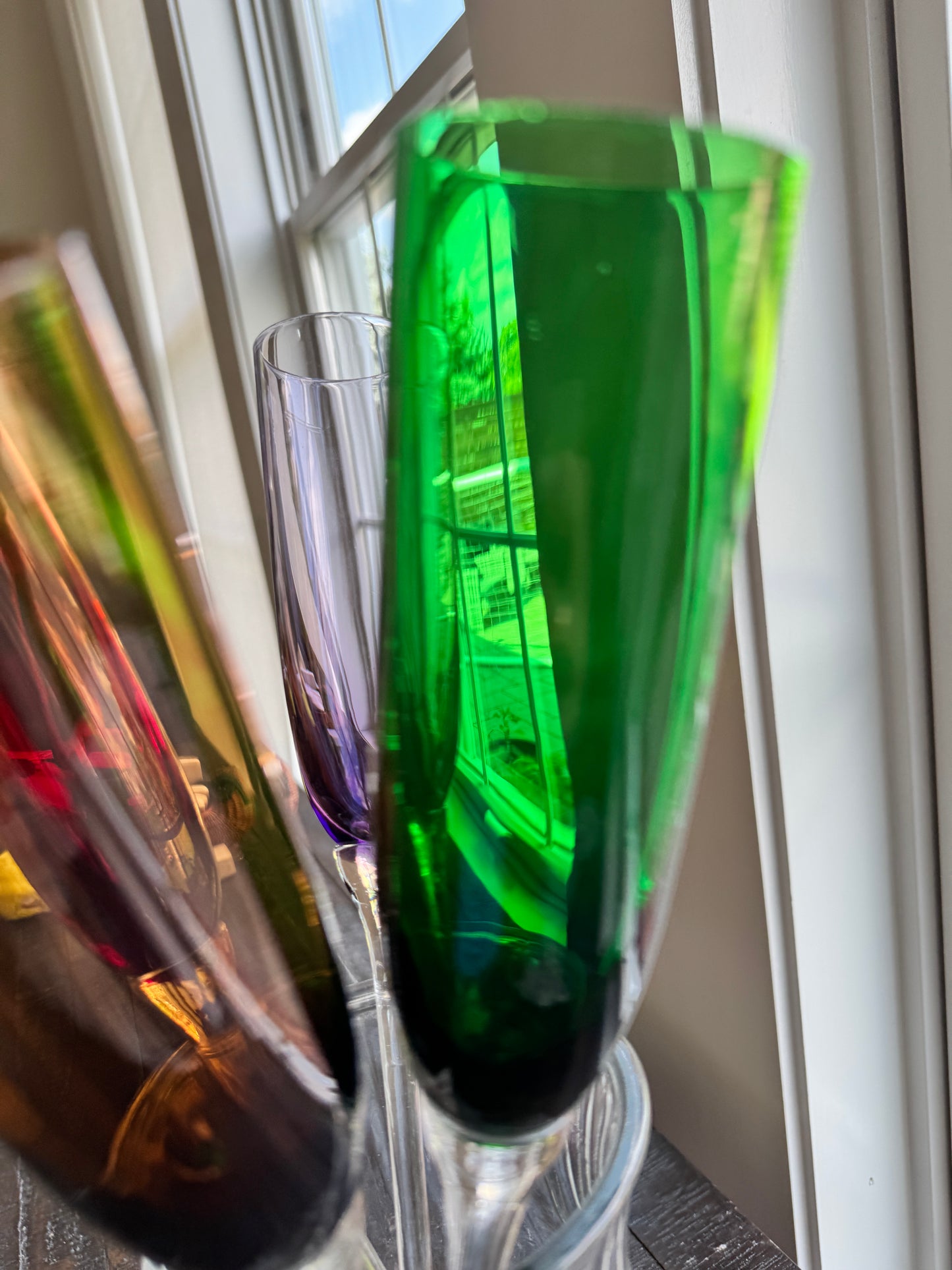 Curated Handblown Rainbow Champagne Flute Set (Set of 4 + Display Vase