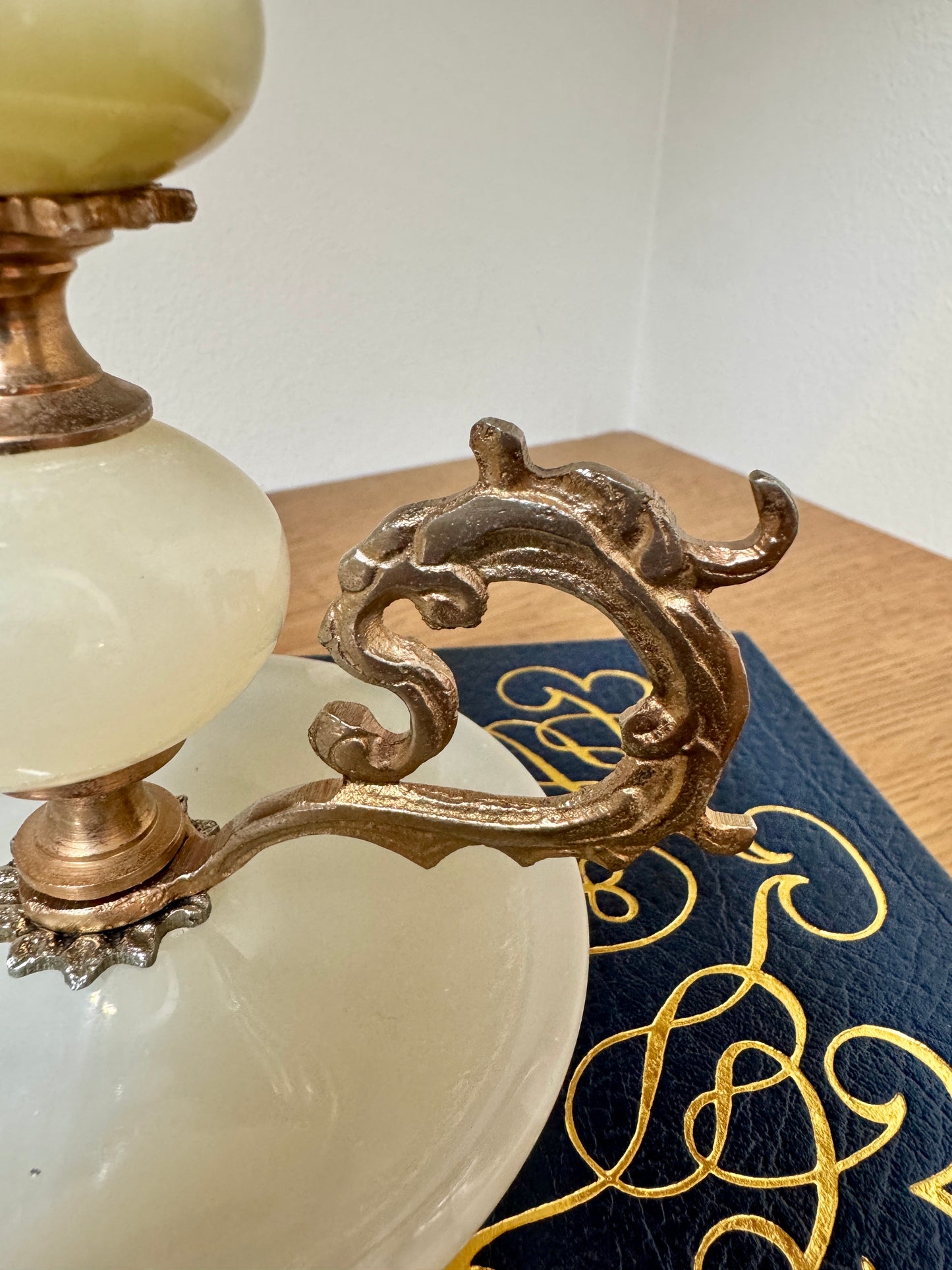 Vintage Onyx & Brass Candlestick Holder – Green & Cream Stone Candle Holder with Ornate Handle