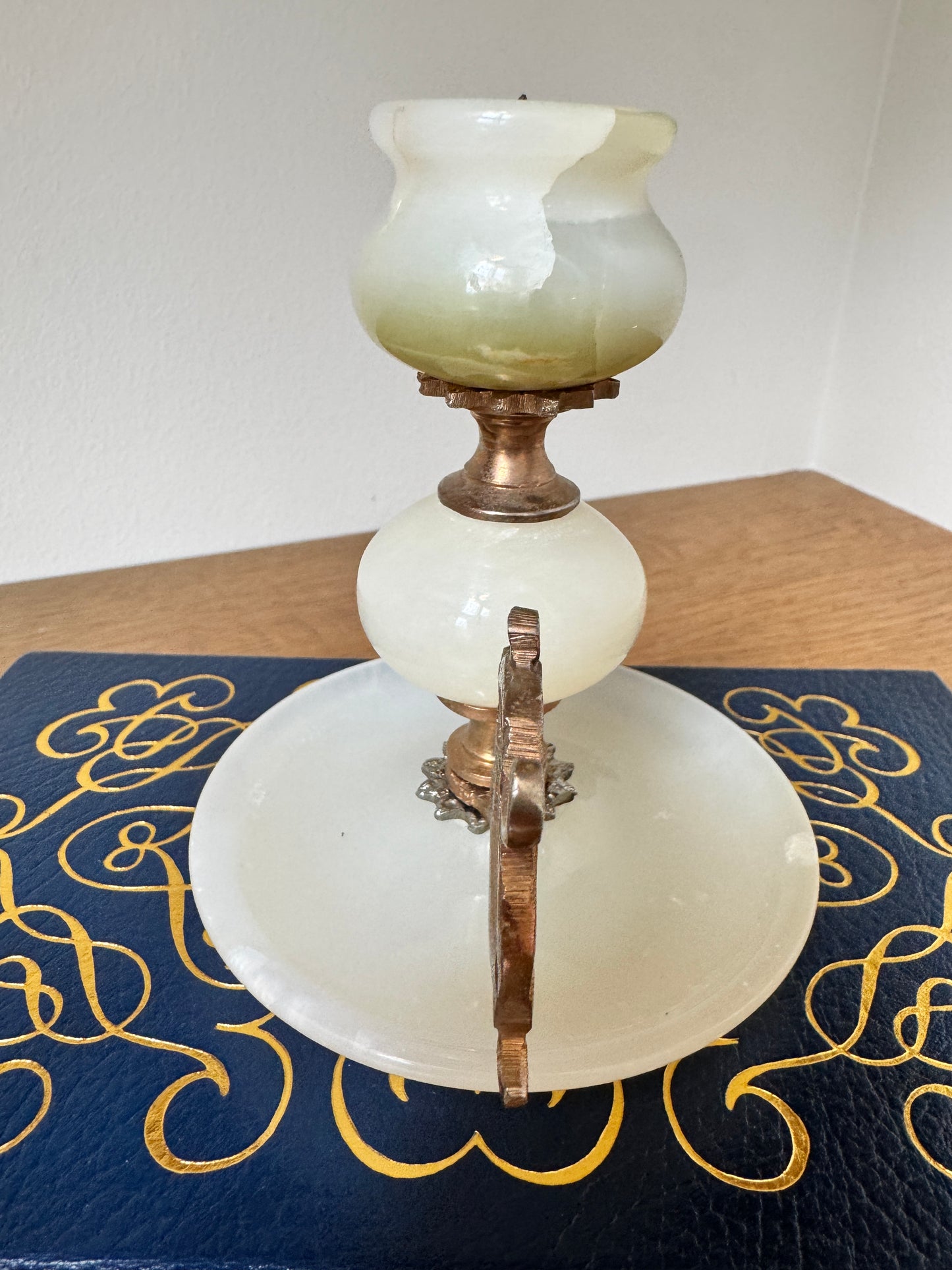 Vintage Onyx & Brass Candlestick Holder – Green & Cream Stone Candle Holder with Ornate Handle