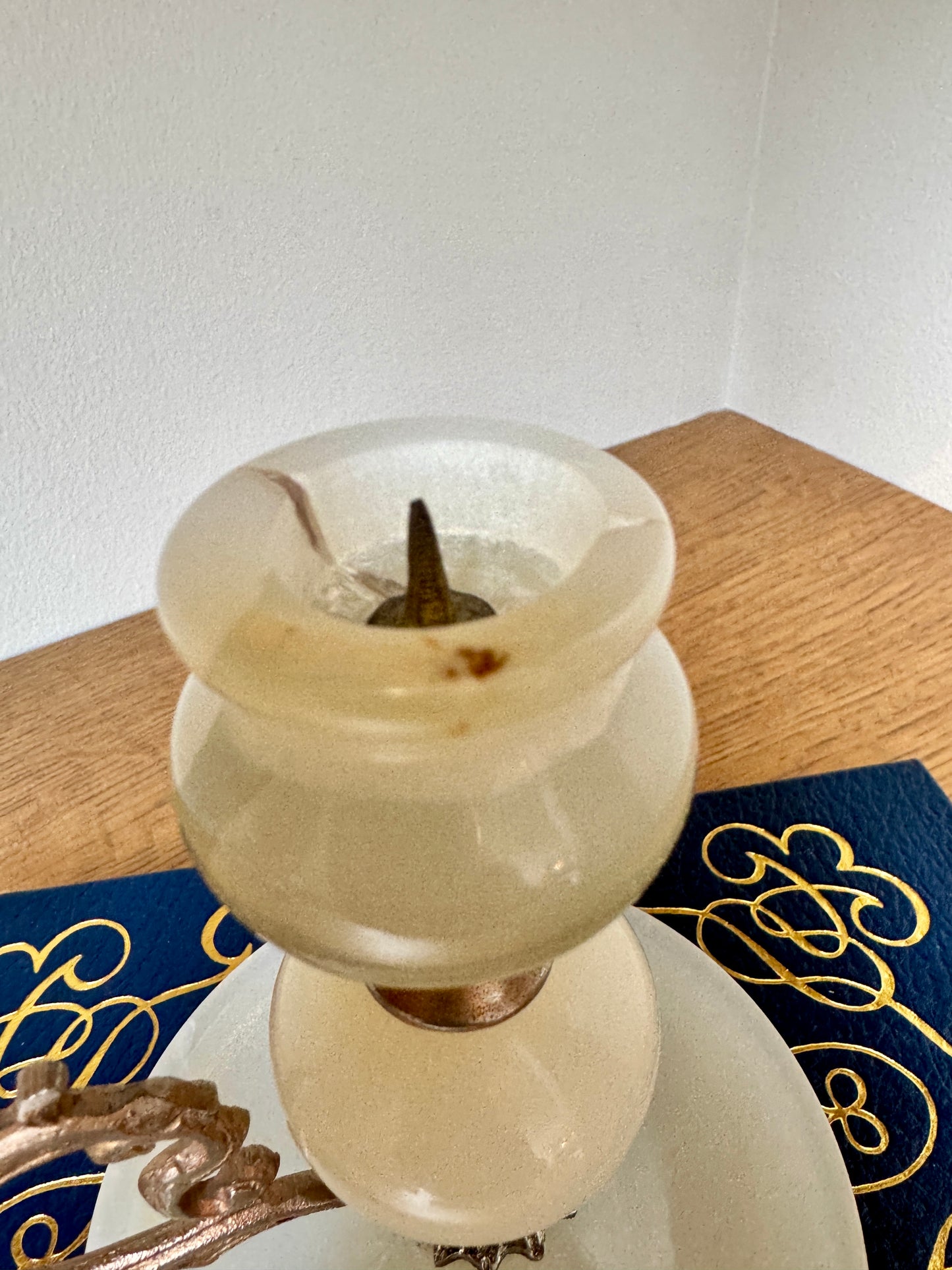 Vintage Onyx & Brass Candlestick Holder – Green & Cream Stone Candle Holder with Ornate Handle