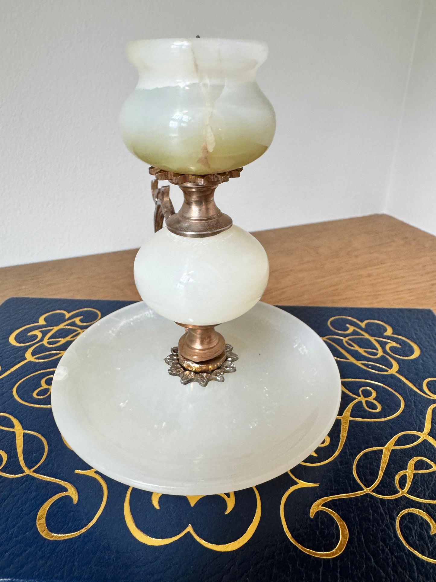Vintage Onyx & Brass Candlestick Holder – Green & Cream Stone Candle Holder with Ornate Handle