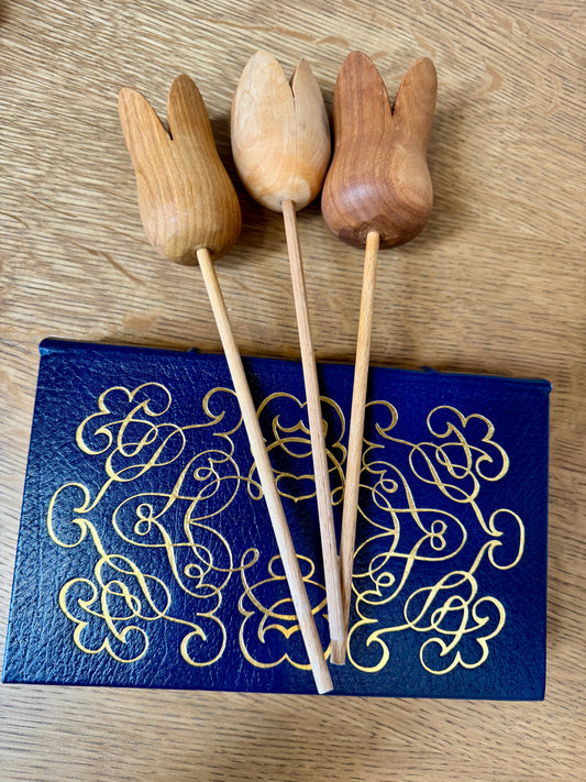 Set of 3 Swiss Wooden Tulip Stems – Hand-Carved Folk Art Flowers, 11”