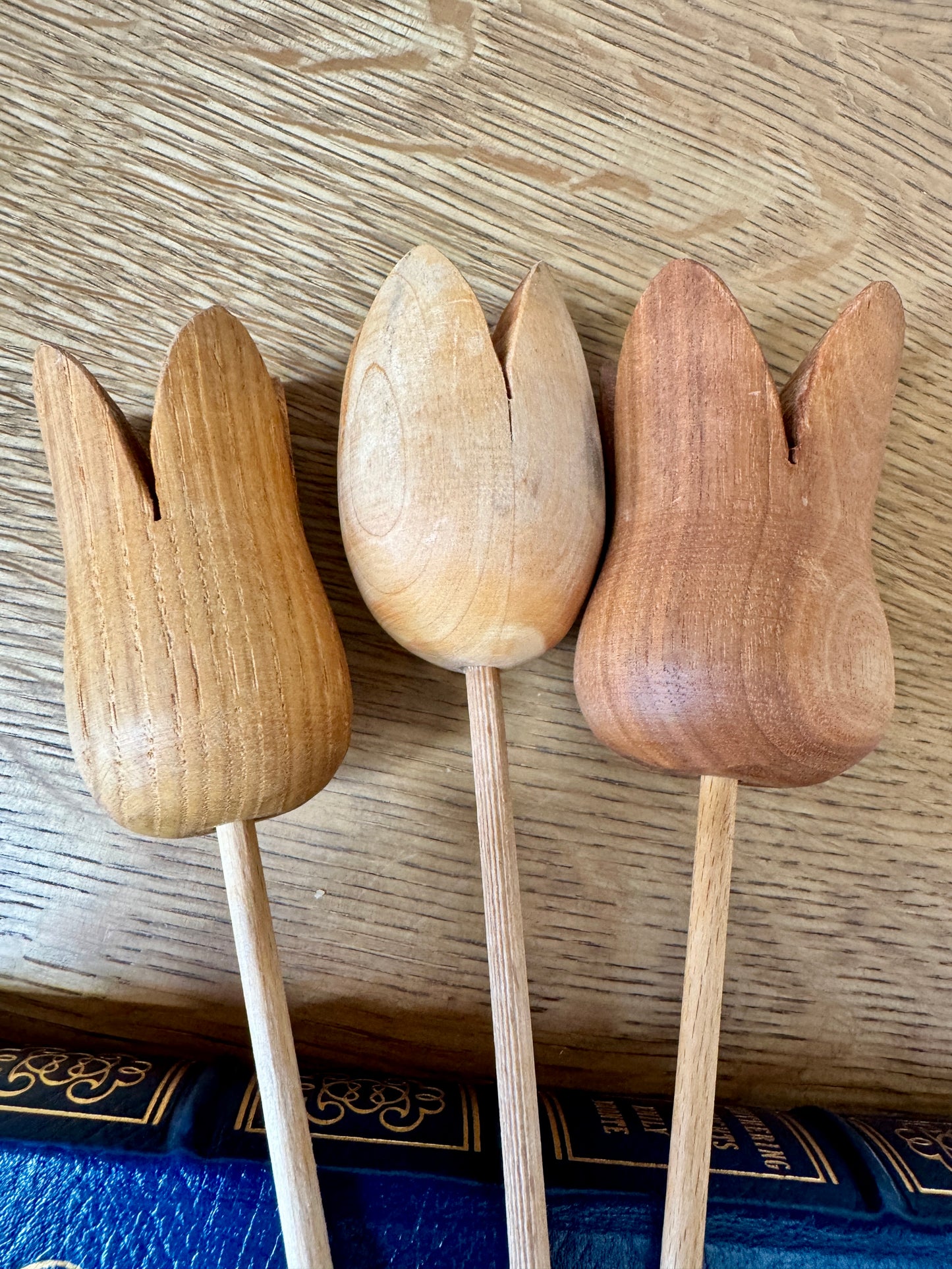 Set of 3 Swiss Wooden Tulip Stems – Hand-Carved Folk Art Flowers, 11”