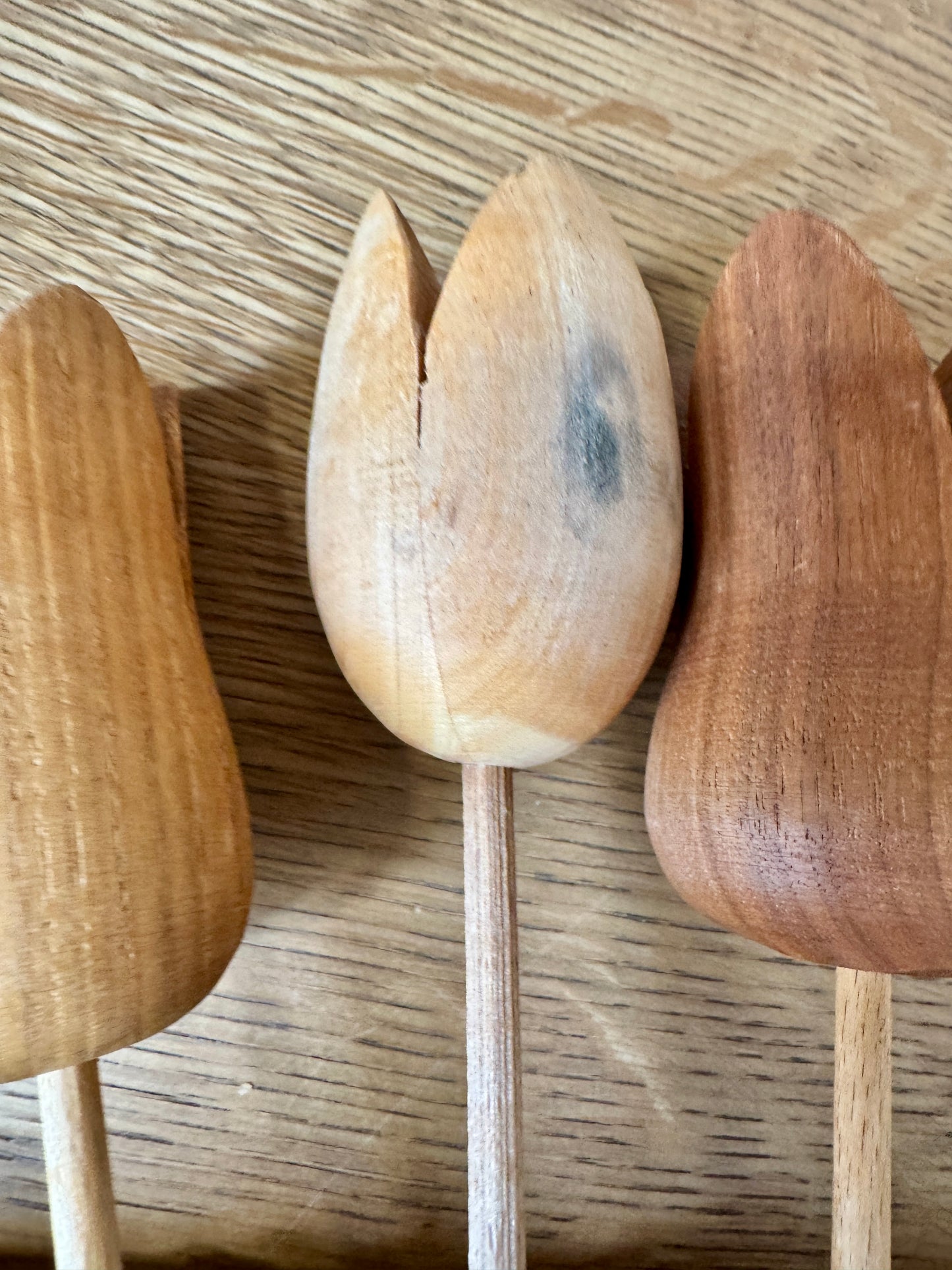 Set of 3 Swiss Wooden Tulip Stems – Hand-Carved Folk Art Flowers, 11”