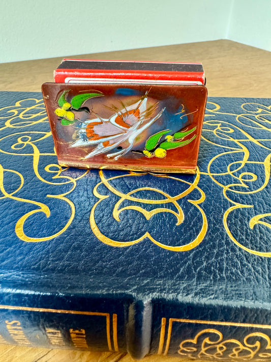 Hand-Painted Copper Match Holder with Butterflies + Vintage Matchbox – 2.25”