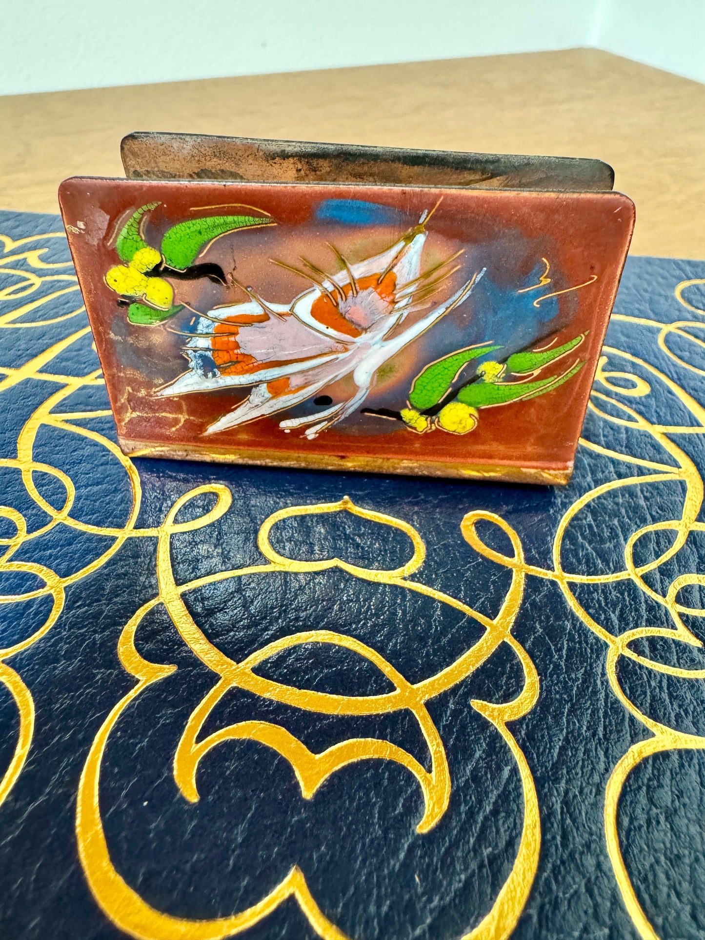 Hand-Painted Copper Match Holder with Butterflies + Vintage Matchbox – 2.25”