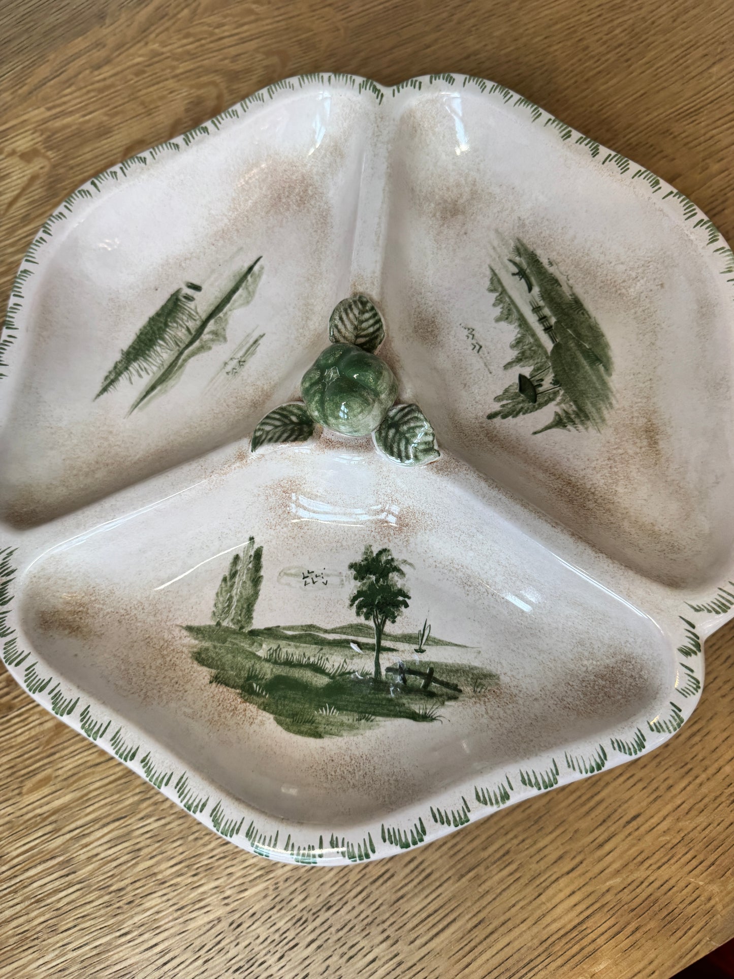 Sihl Zurich Hand-Painted Divided Ceramic Dish - Scenic Green Landscape Design, Midcentury Modern Swiss Pottery (12")