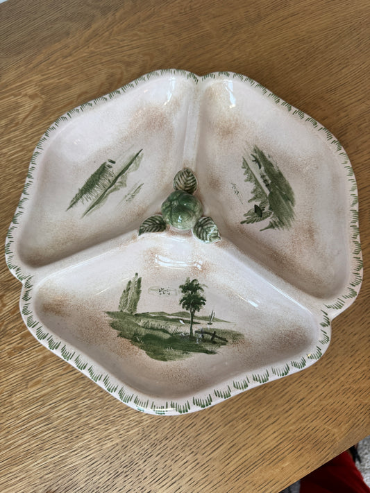 Sihl Zurich Hand-Painted Divided Ceramic Dish - Scenic Green Landscape Design, Midcentury Modern Swiss Pottery (12")